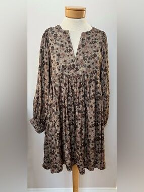 Boho Flowy Babydoll Dress Brown Floral Long Sleeve Mini Peasant Cottagecore
